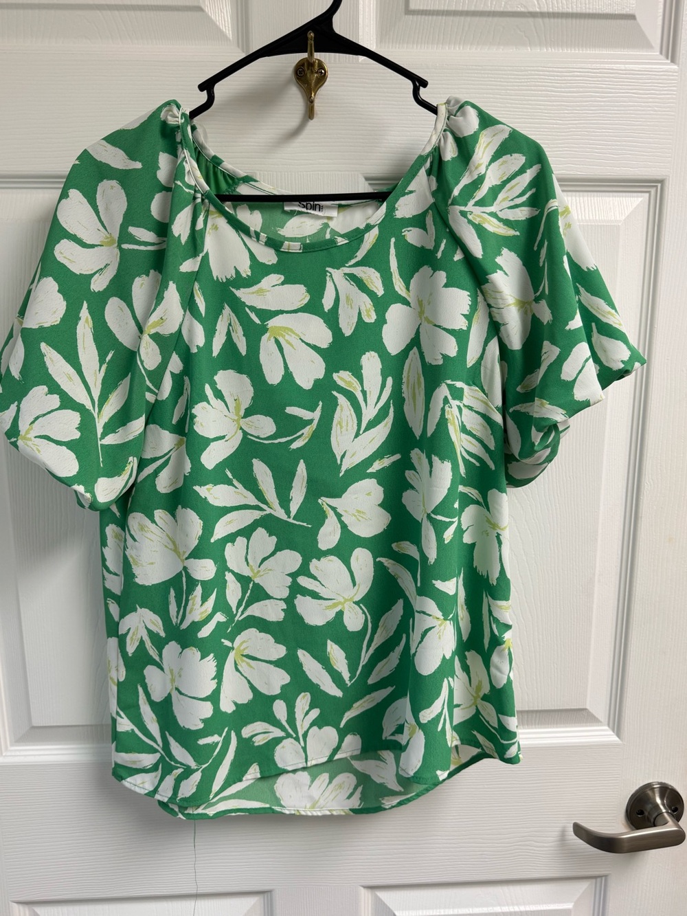 Green Floral Short Balloon Sleeve Women's Top L